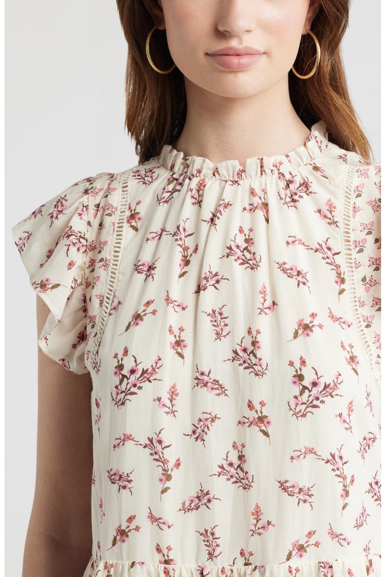 Tiered High Neck Shift Minidress, Alternate, color, IVORY- PINK GARDEN DITSY MIX