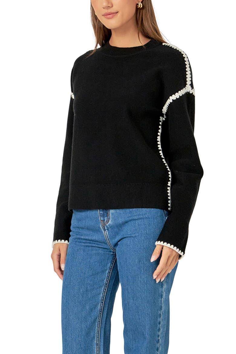 Embroidered Crewneck Sweater, Alternate, color, BLACK/WHITE
