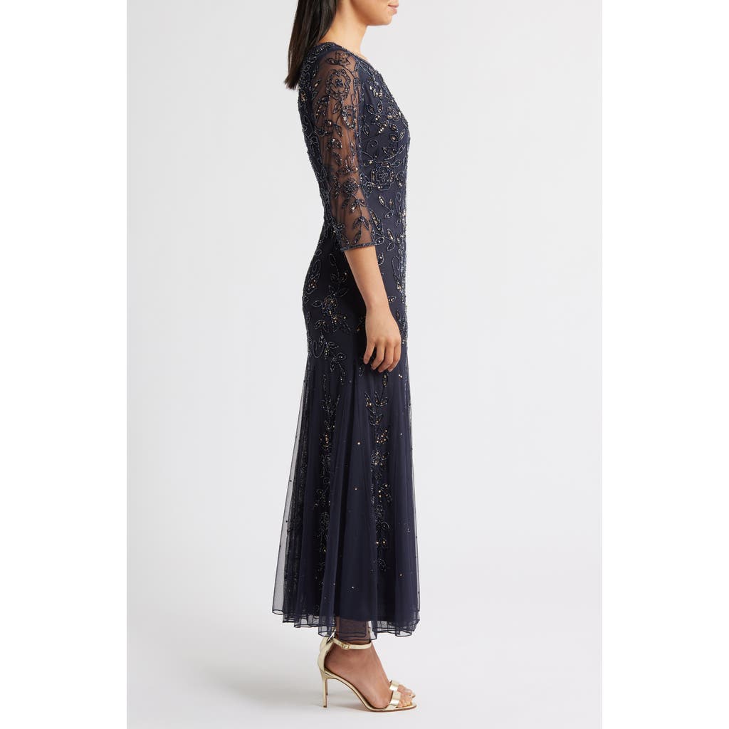 Pisarro Nights Floral Beaded Tulle Gown In Blue