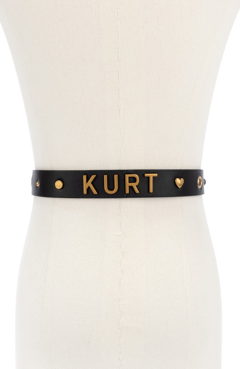 Kurt Geiger London Block Letter Leather Belt, Alternate, color, Black Antique Brass