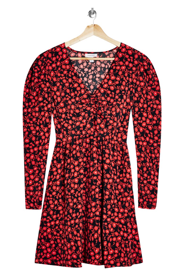 Floral V-Neck Long Sleeve Minidress, Alternate, color, RED MULTI