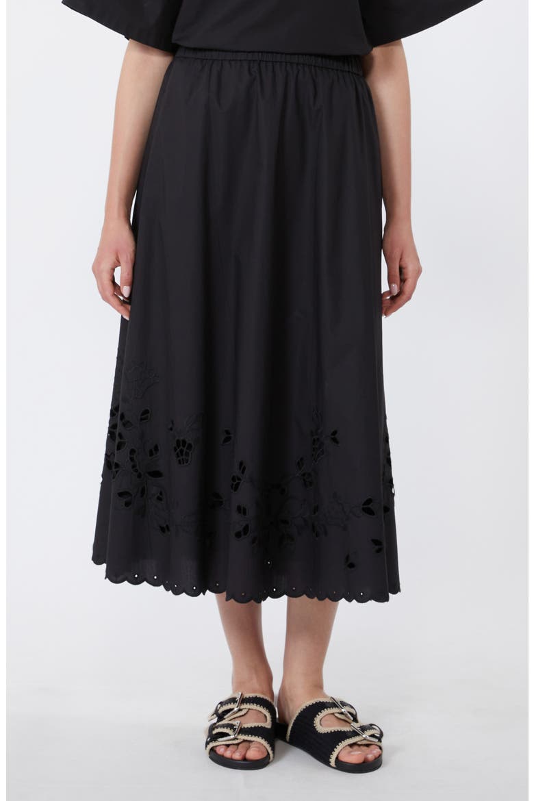 Caravan Scalloped Eyelet Cotton Poplin Midi Skirt, Main, color, BLACK