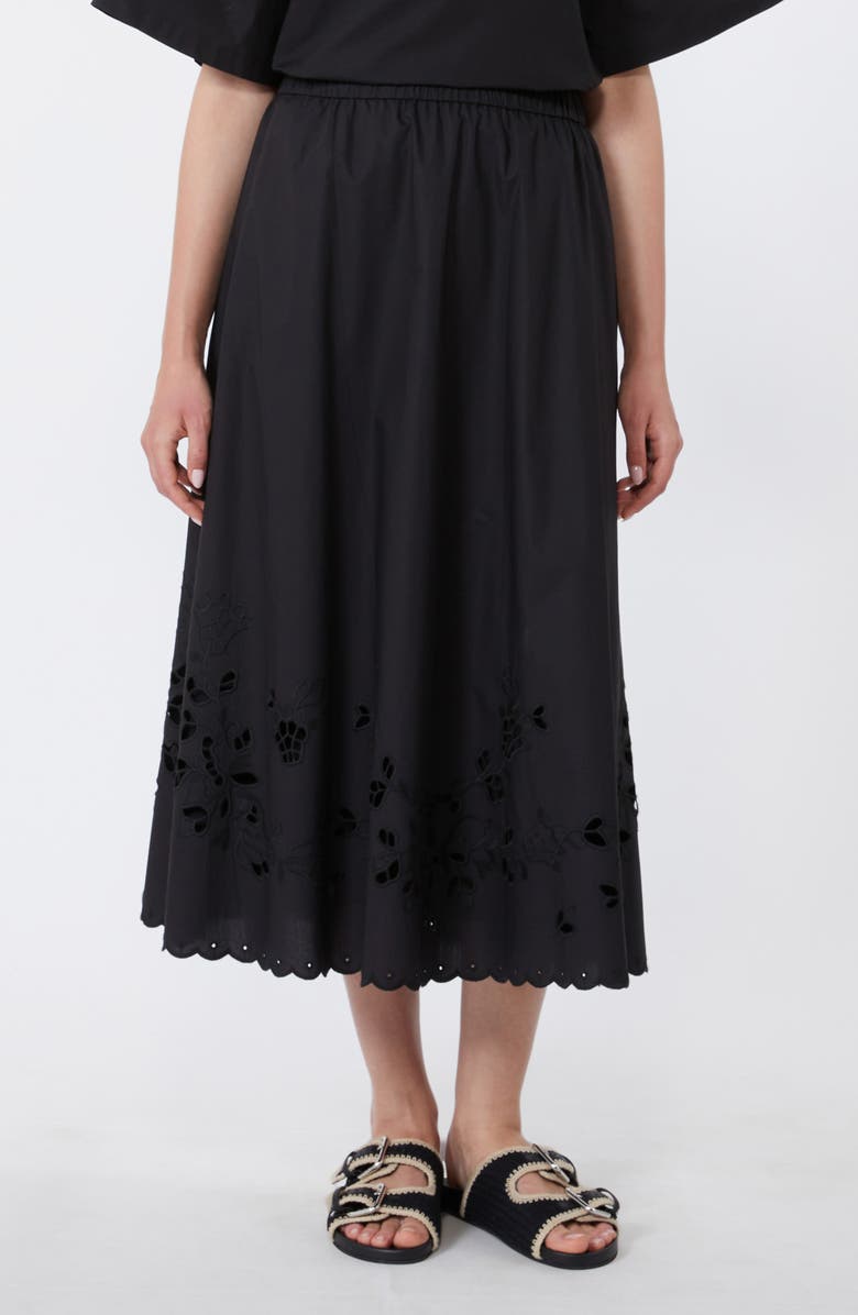 Weekend Max Mara Caravan Scalloped Eyelet Cotton Poplin Midi Skirt, Main, color, Black