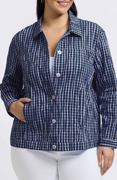 Foxcroft Thelma Crinkle Cotton Blend Gingham Jacket In Blue