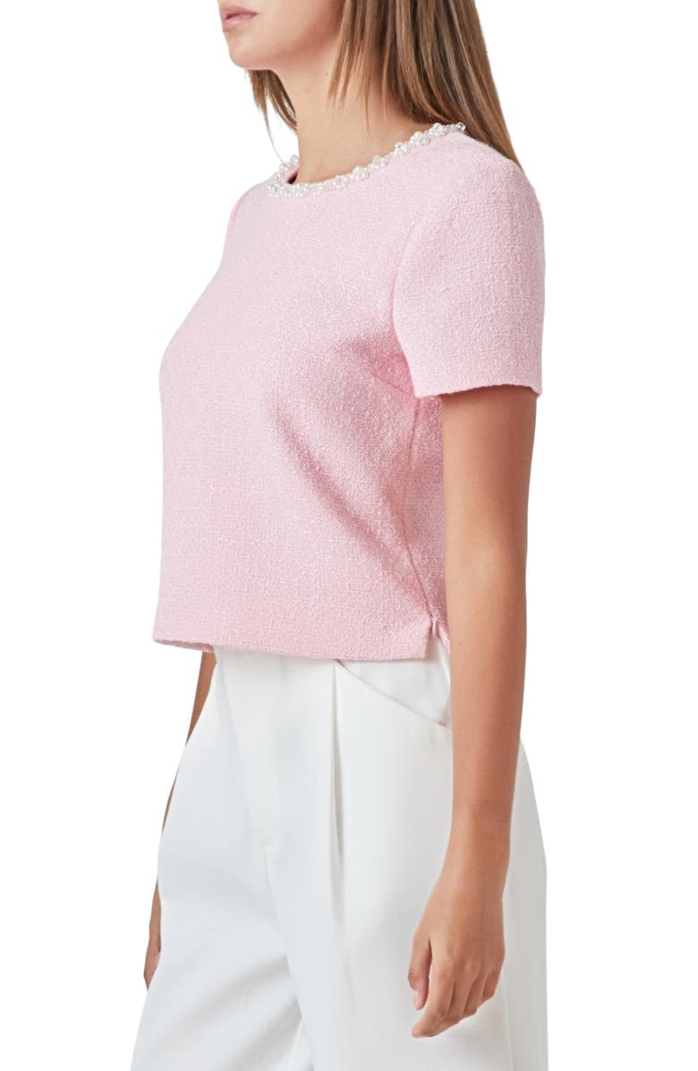 Endless Rose Imitation Pearl Trim Short Sleeve Tweed Top, Alternate, color, Pink