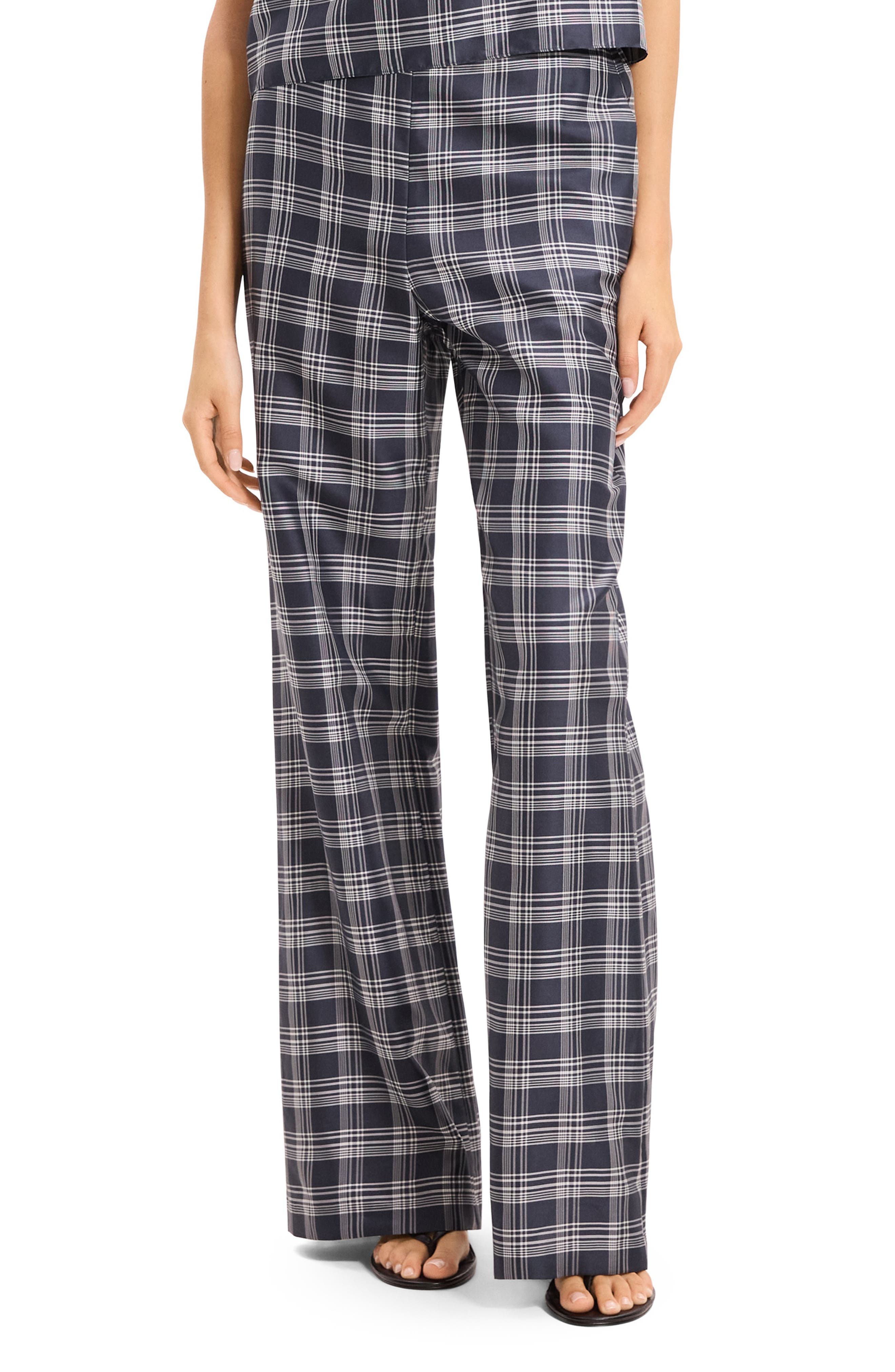 Theory Fluid Plaid High Waist Straight Leg Silk Pants