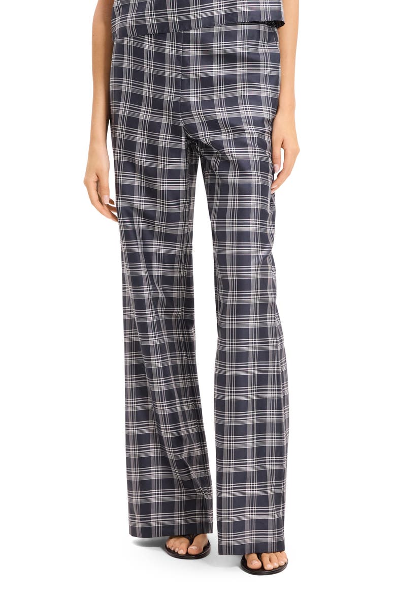 Fluid Plaid High Waist Straight Leg Silk Pants, Main, color, NAVY MULTI
