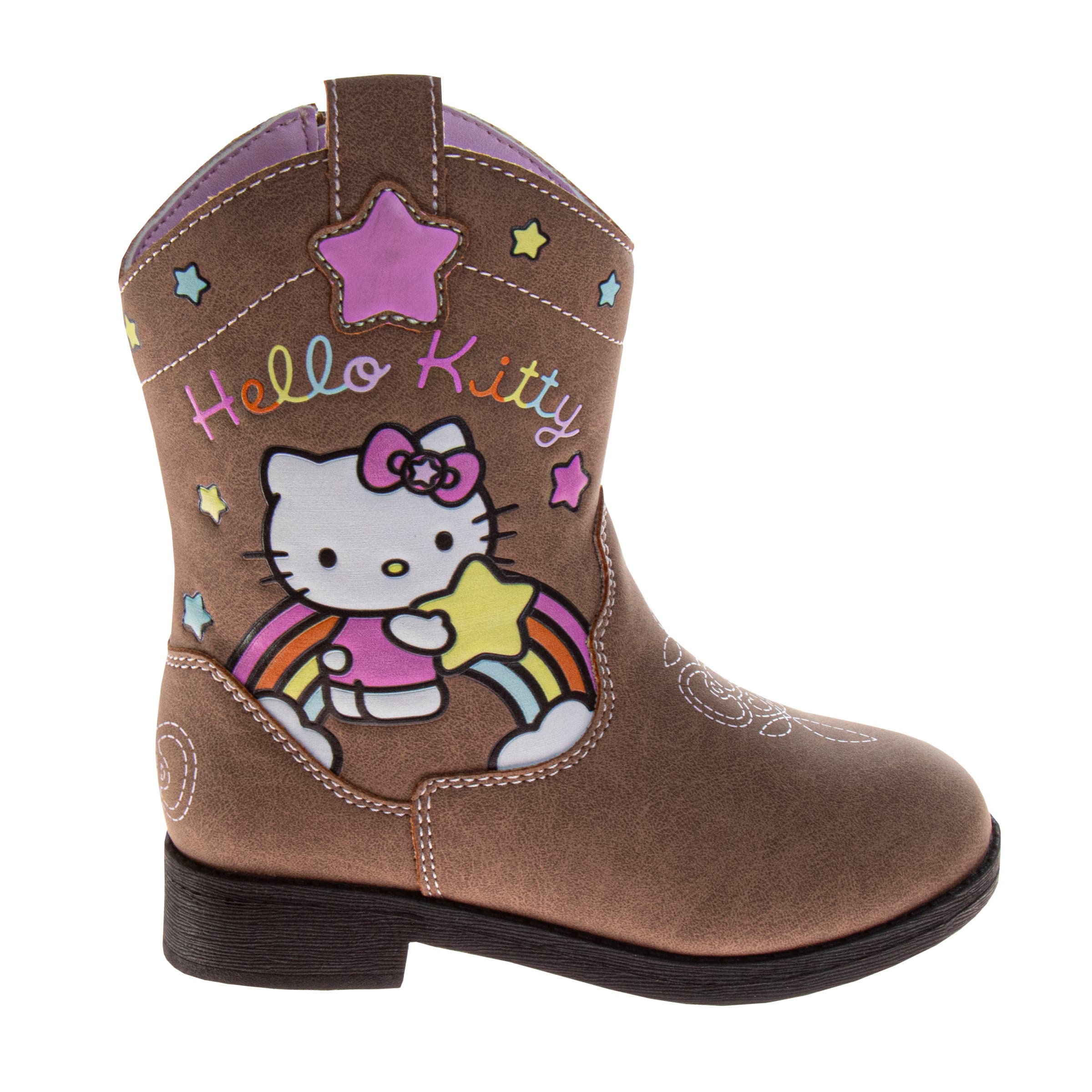 Josmo Kids Hello Kitty Cowboy Boots  Cute Rainbow & Star Design Calf High Western Country Boots for Girls, Alternate, color, BROWN