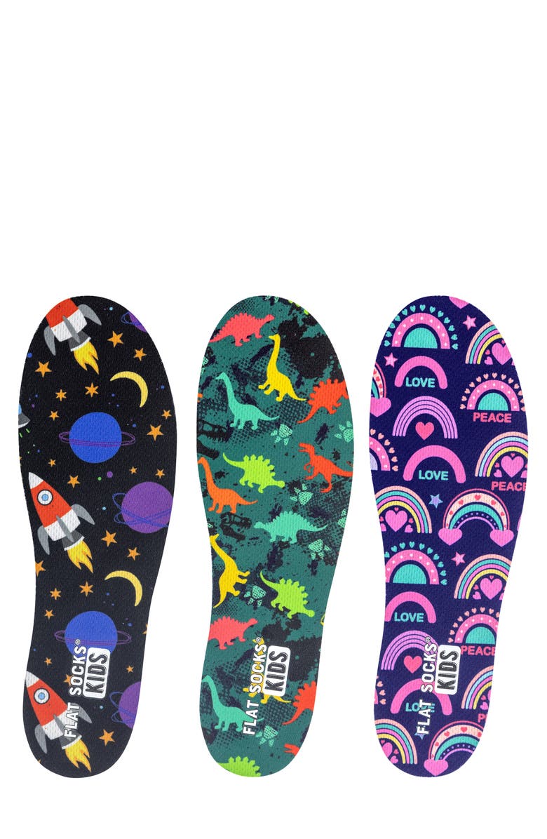 FLAT SOCKS Kids' Assorted 3-Pack Dinosaur Flat Sock Insoles, Main, color, Black/ Green/ Purple Assorted