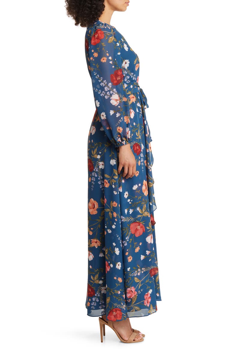 Floral Long Sleeve Maxi Dress, Alternate, color, TEAL