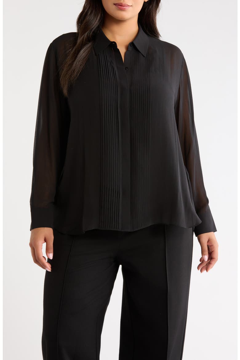 Pintucked Silk Shirt, Main, color, BLACK