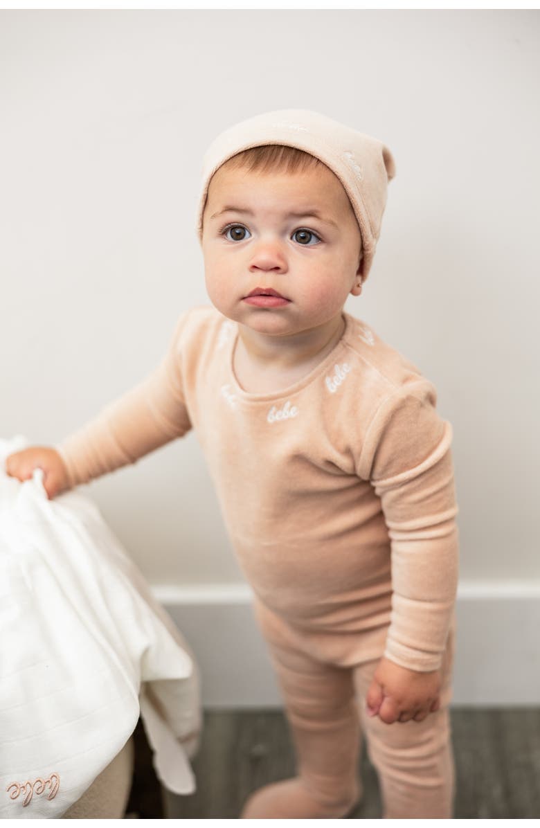 Bebe Bella Bebe Embroidered Velour Romper with Hat, Alternate, color, Beige