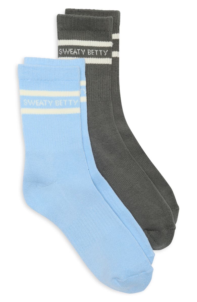 Sweaty Betty 2-Pack Varsity Slogan Crew Socks, Main, color, Breezeblue Umbragreen