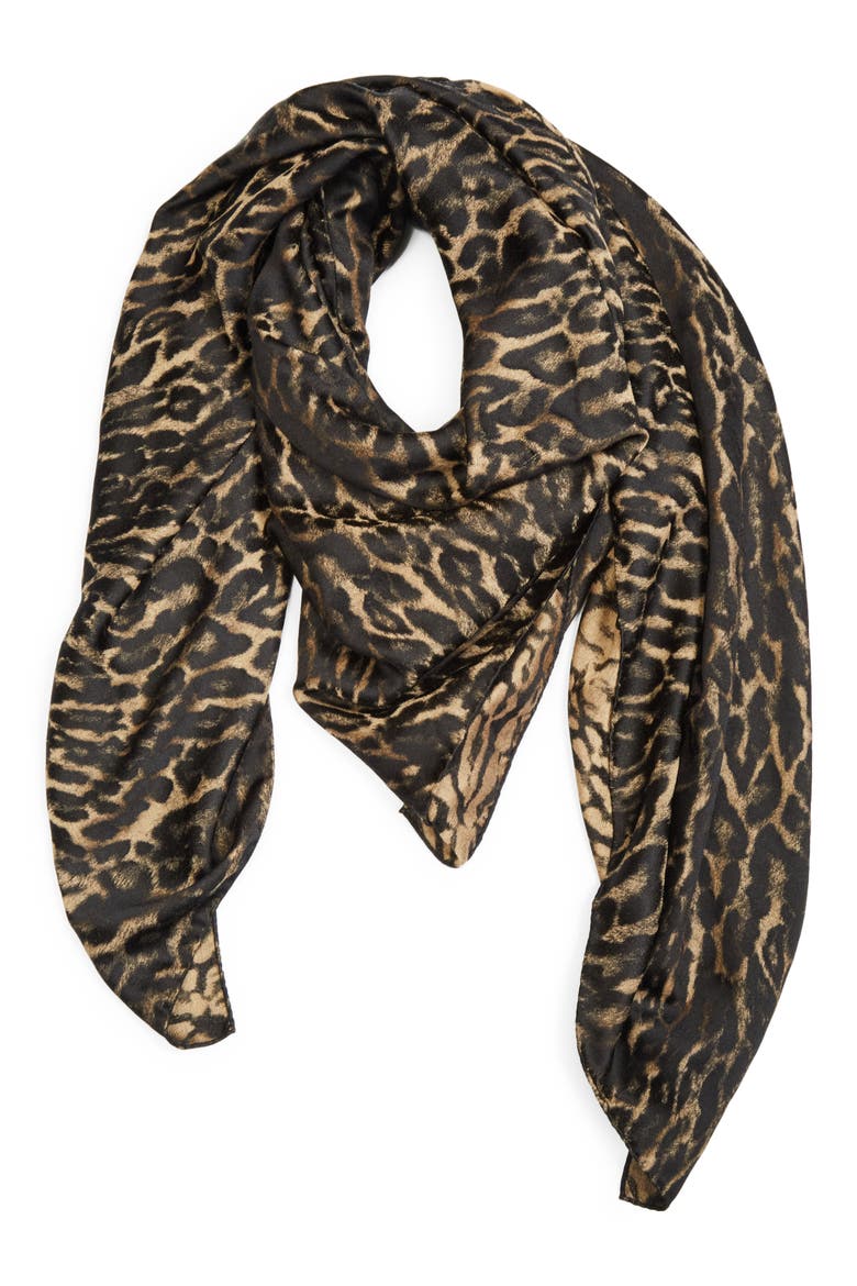 Leopard Print Silk & Cashmere Square Scarf, Alternate, color, 9760 BEIGE/BLACK