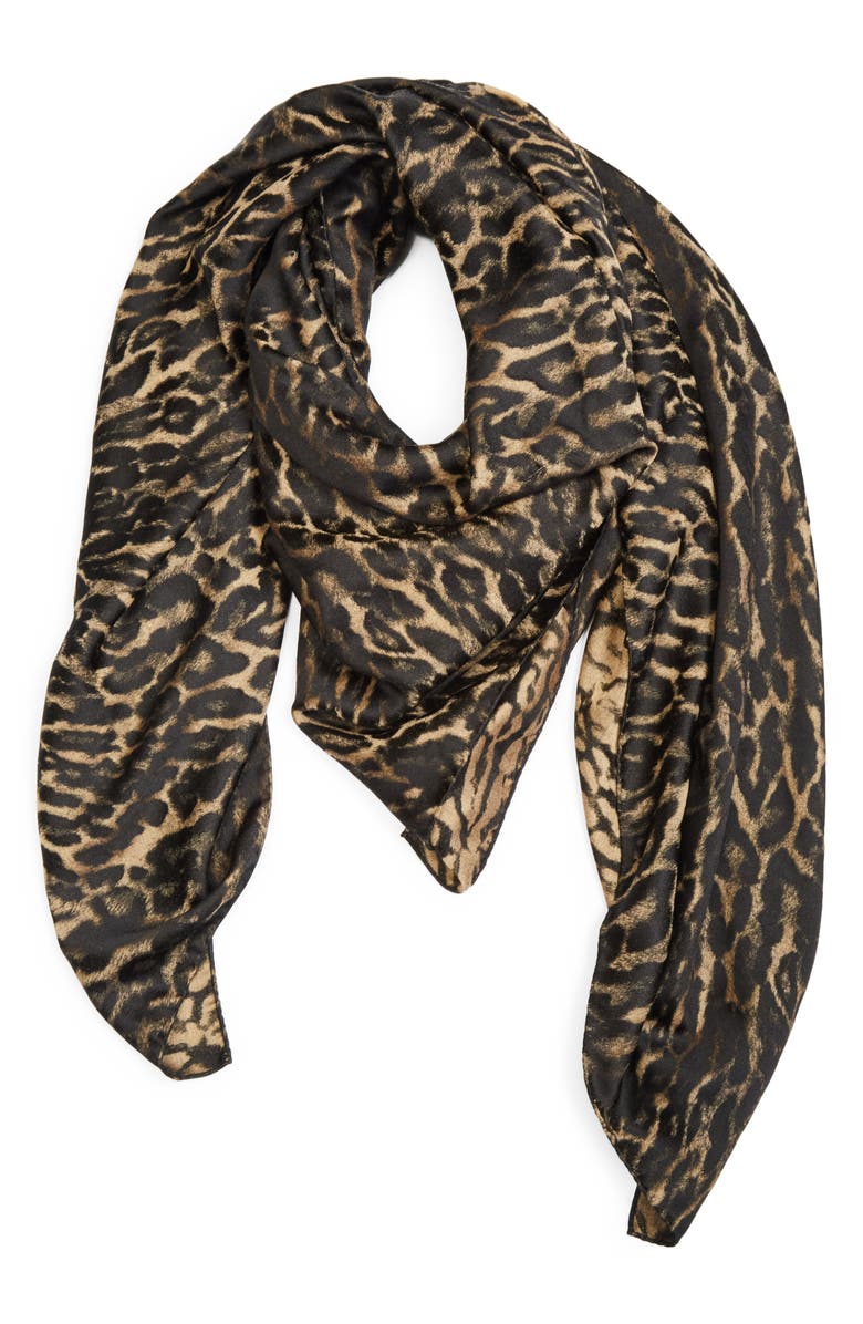 Saint Laurent Leopard Print Silk & Cashmere Square Scarf, Alternate, color, Beige/ Black