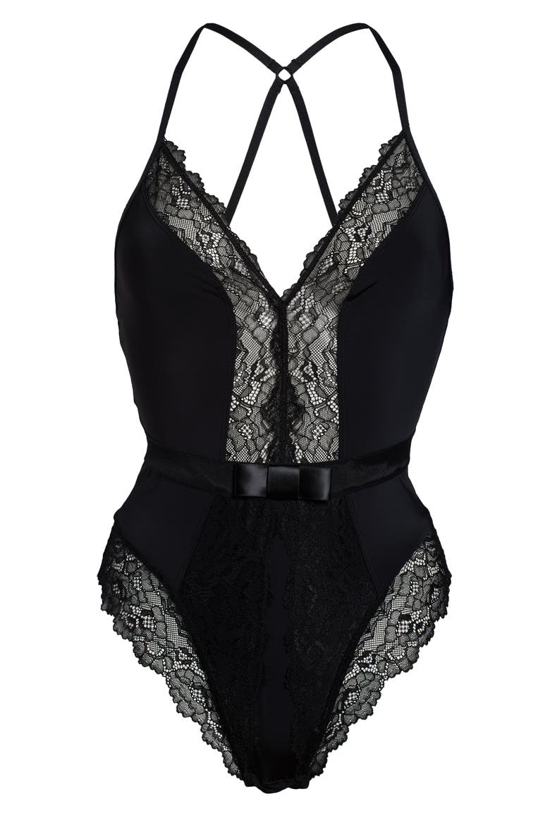 Henny Satin & Lace Thong Bodysuit, Alternate, color, BLACK