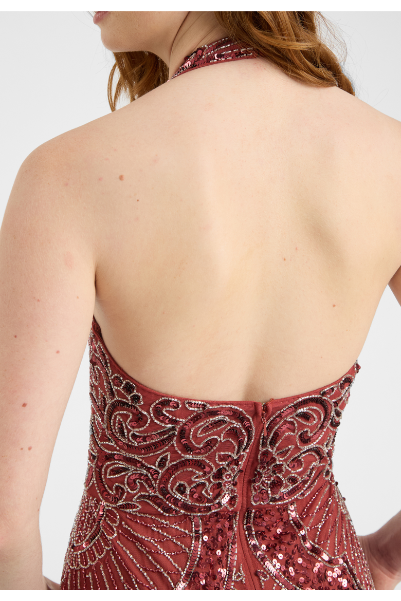 Embellished Sequin Beaded Maxi Dress With Halter Neckline And Deep V-Cut Front, Alternate, color, RUST