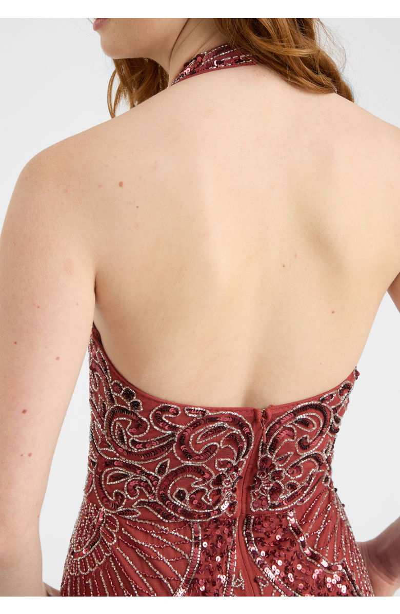 BEAUUT Embellished Sequin Beaded Maxi Dress With Halter Neckline And Deep V-Cut Front, Alternate, color, Rust