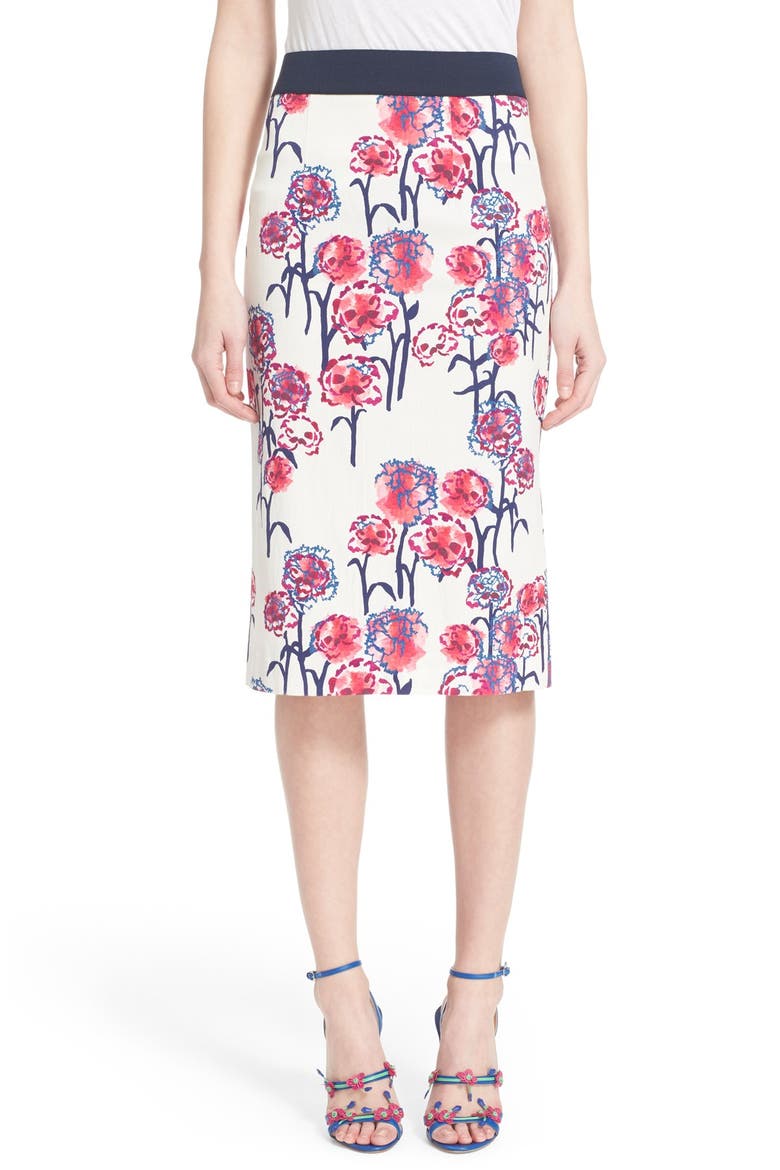 Textured Garden Print Pencil Skirt, Main, color, WHITE/ HIBISCUS MULTI