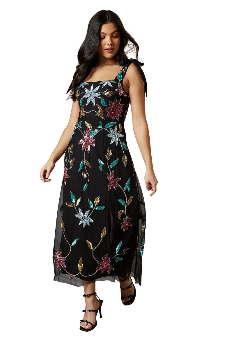 Floral Embellished Split Midi Dress, Main, color, Black
