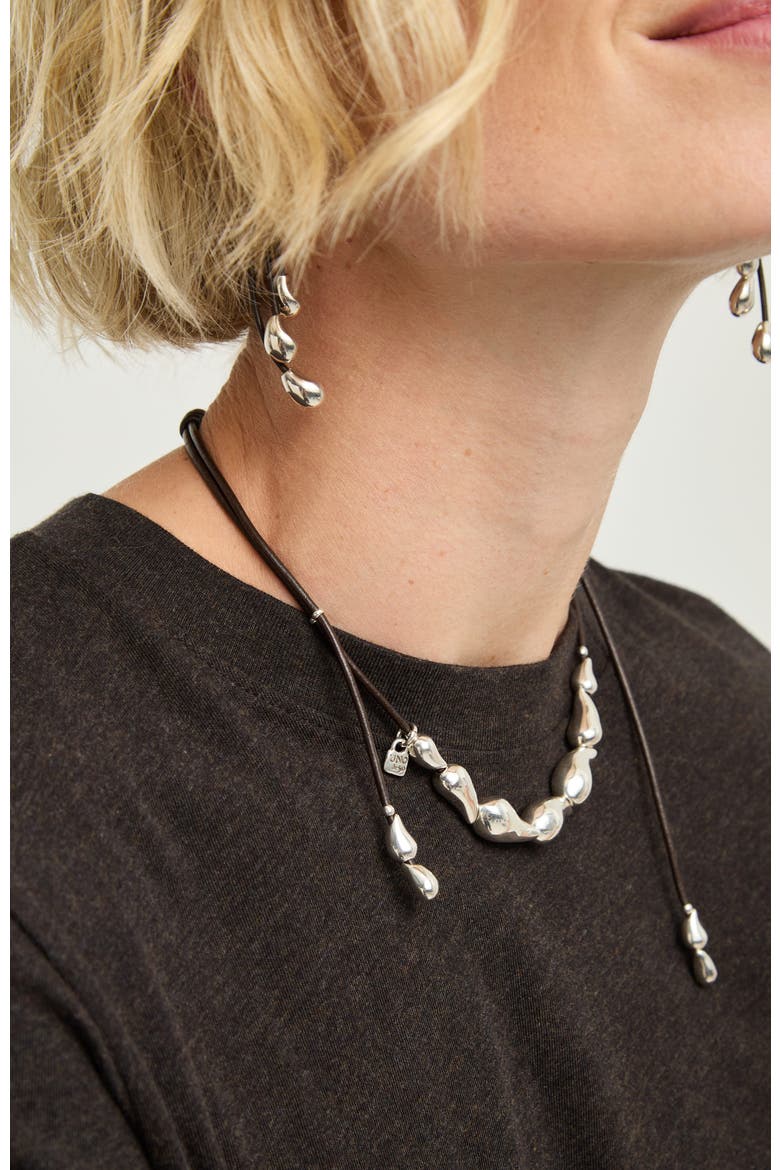 Leather Necklace with Silver-Tone Drop Details, Alternate, color, Silver