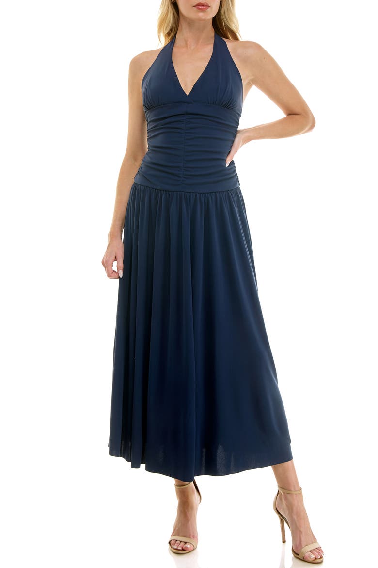 Ruched Halter Midi Dress, Main, color, NAVY