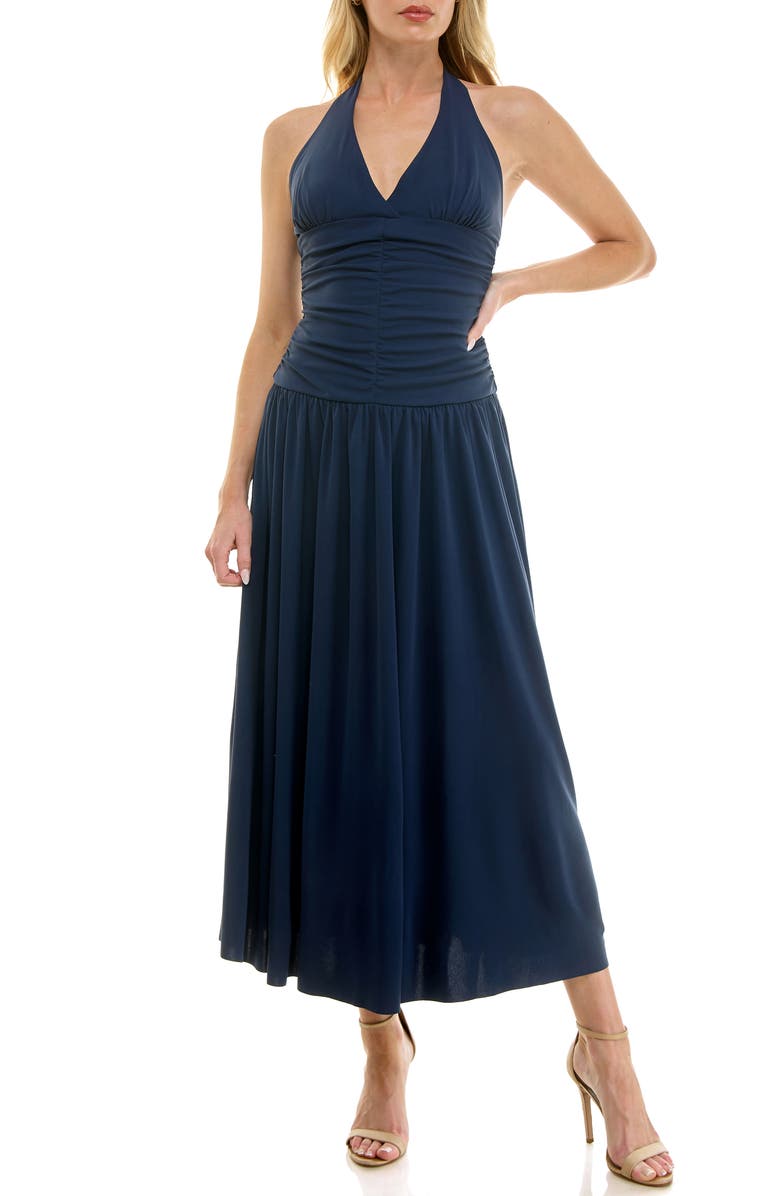 Socialite Ruched Halter Midi Dress, Main, color, Navy