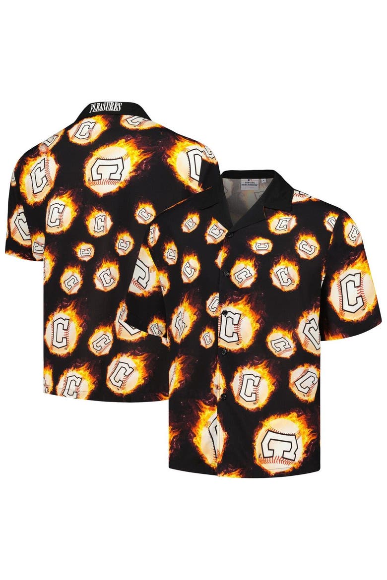 Men's PLEASURES  Black Cleveland Guardians Flame Fireball Button-Up Shirt, Main, color, Black