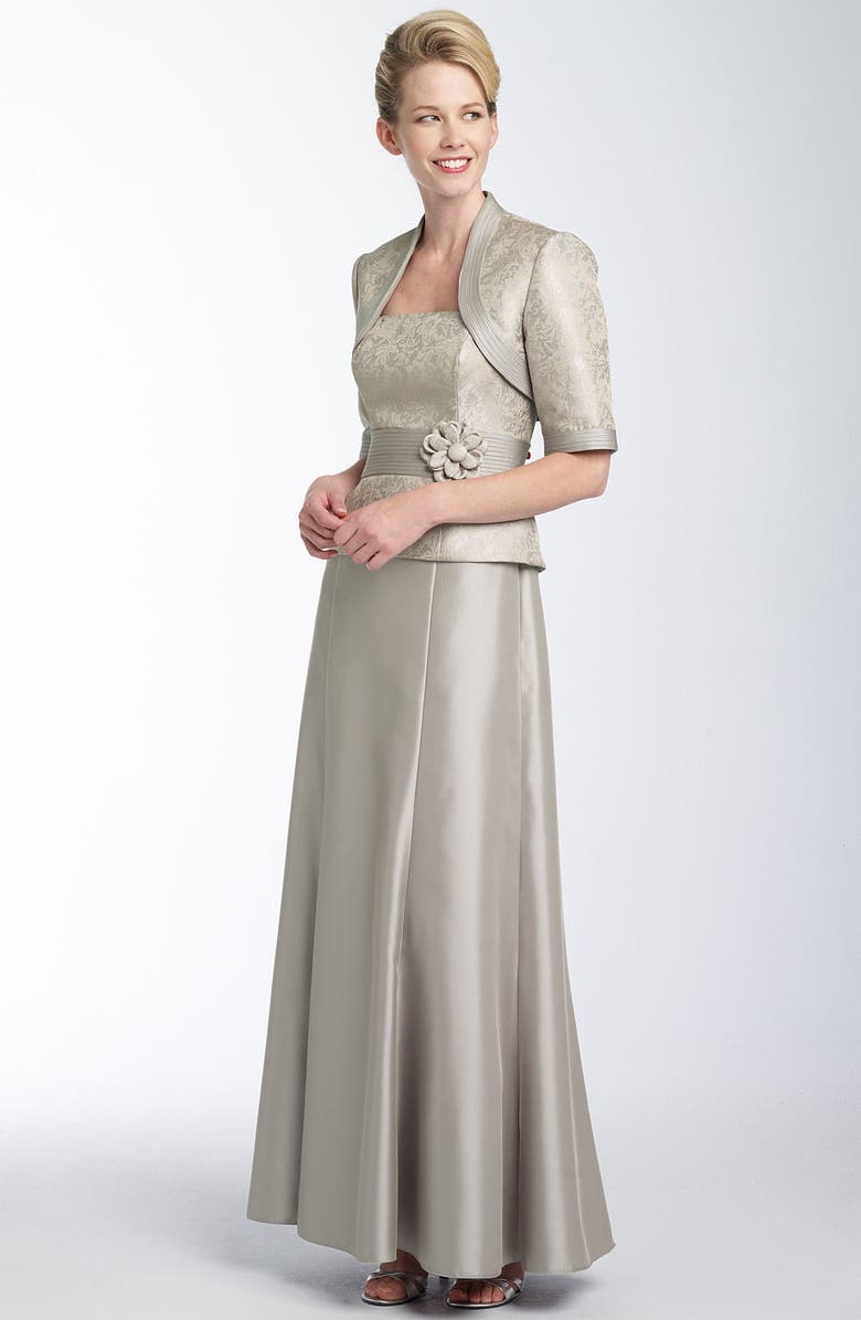 JS Collections Metallic Lace Brocade Gown & Bolero, Main, color, 