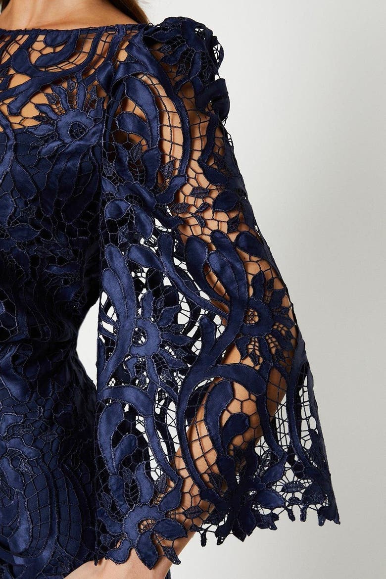Satin Lace Boat Neck Midi Dress, Alternate, color, Navy