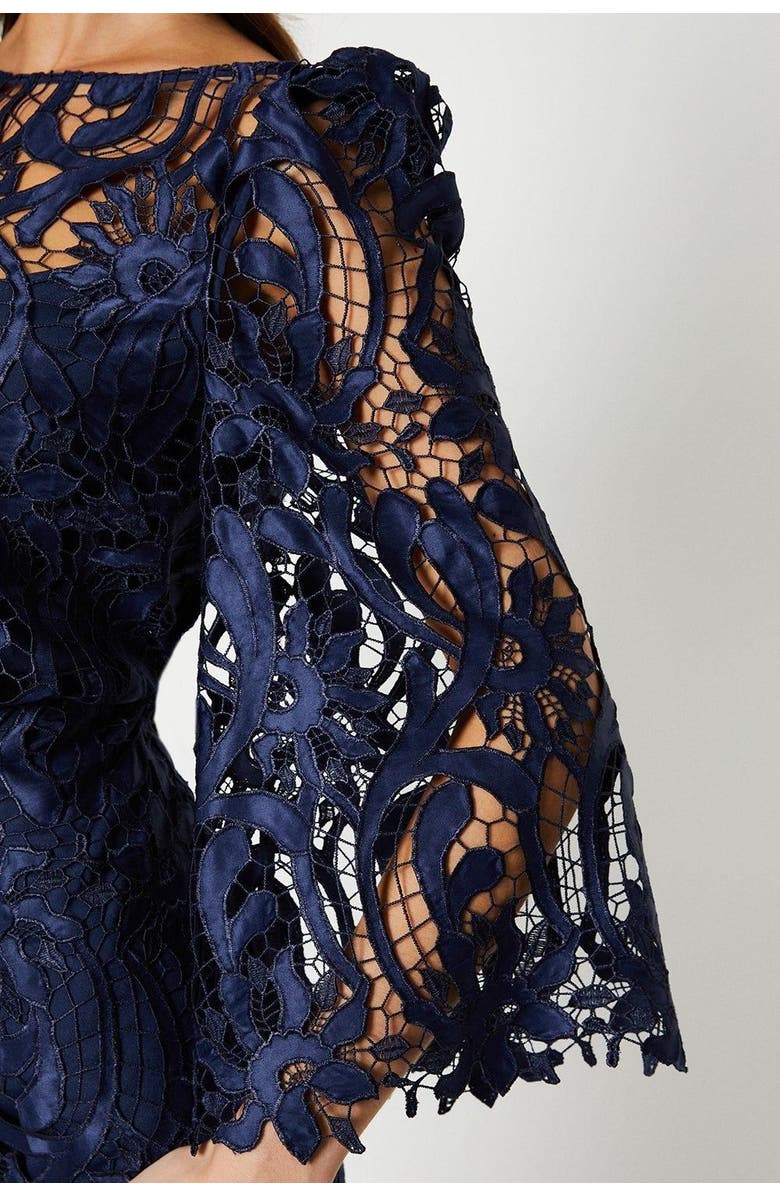 Coast Satin Lace Boat Neck Fluted Dress, Alternate, color, Navy