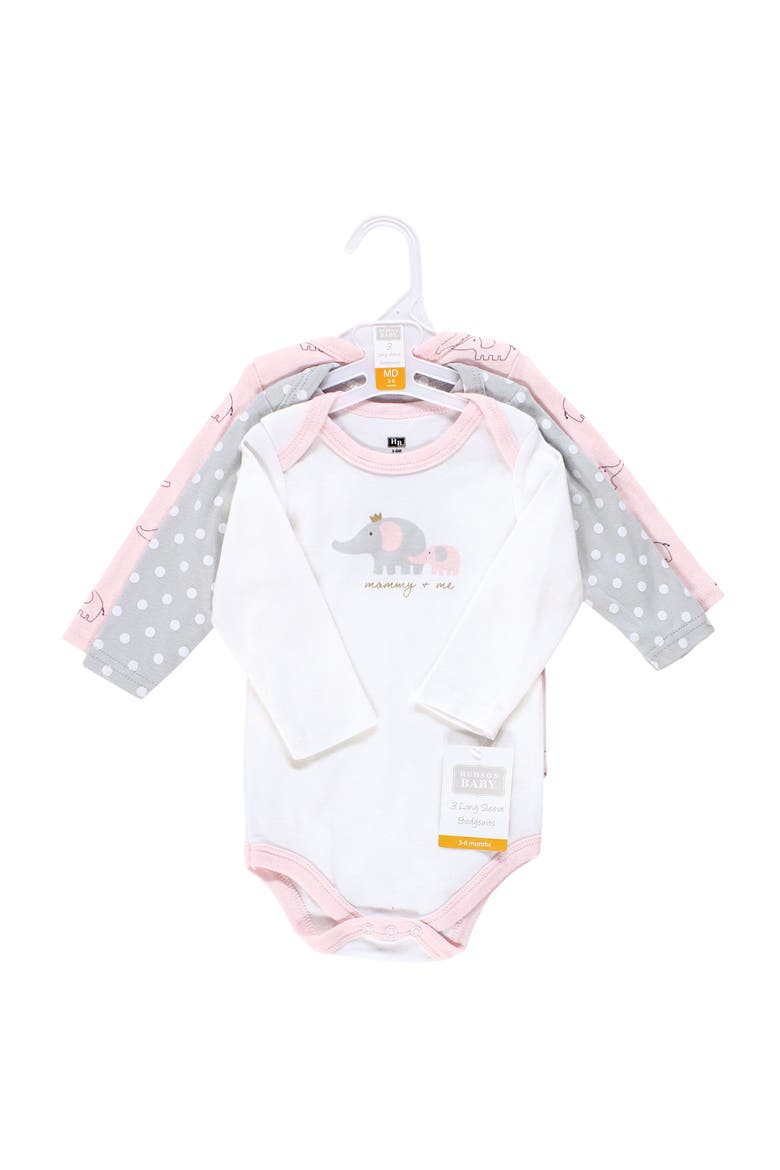 Essential All-Cotton Long-Sleeve Bodysuit Triple Pack, Alternate, color, Pink Gray Elephant