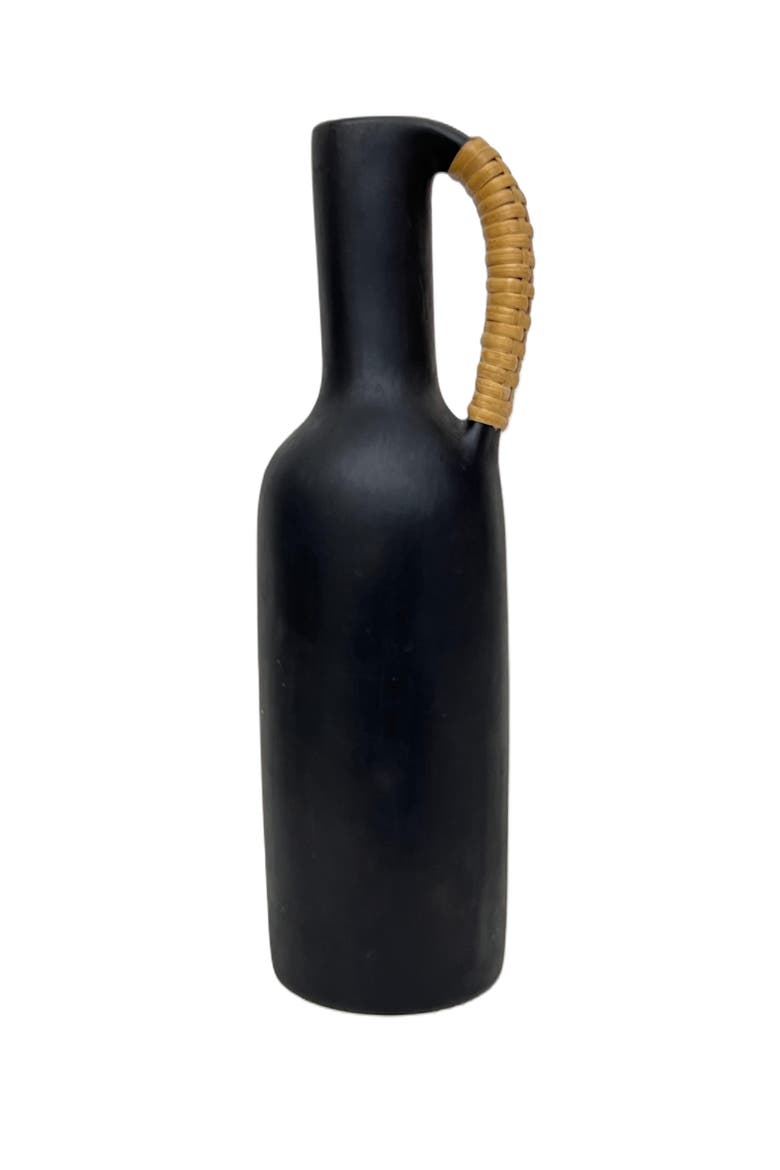 Longpi Black Stone Pottery Vase With Wicker Handle, Alternate, color, Black