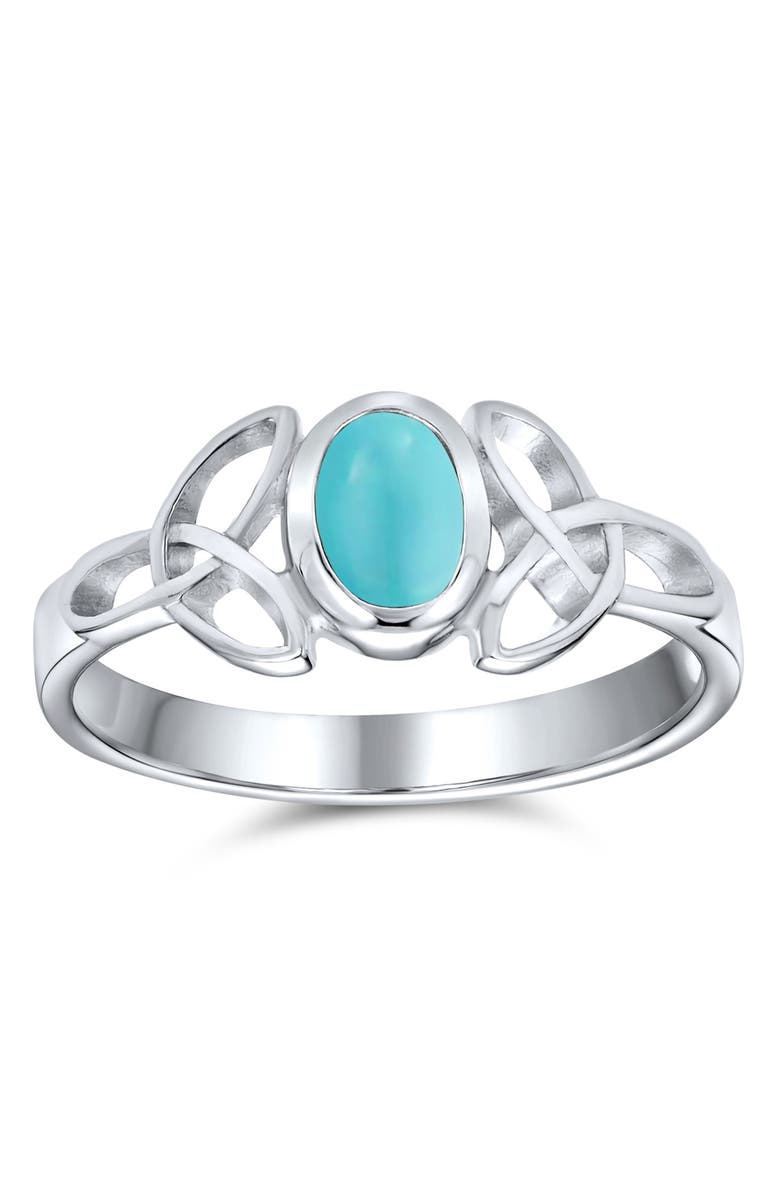 BLING JEWELRY Rhodium Plated Sterling Silver Turquoise Celtic Trinity Knot Ring, Main, color, Blue