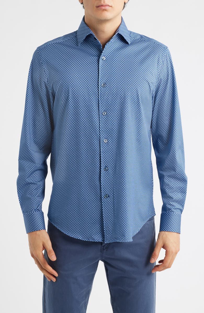 Bugatchi Devon OoohCotton<sup>®</sup> Honeycomb Print Long Sleeve Button-Up Shirt, Main, color, Navy