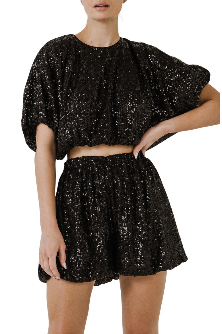 Sequin Puff Crop Top, Alternate, color, BLACK