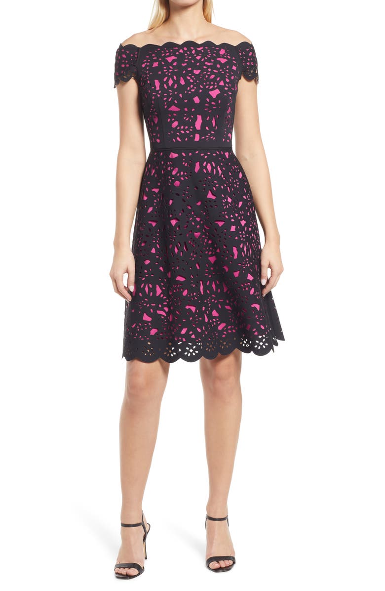 Shani Laser Cut Floral Off the Shoulder Fit & Flare Cocktail Dress, Main, color, 