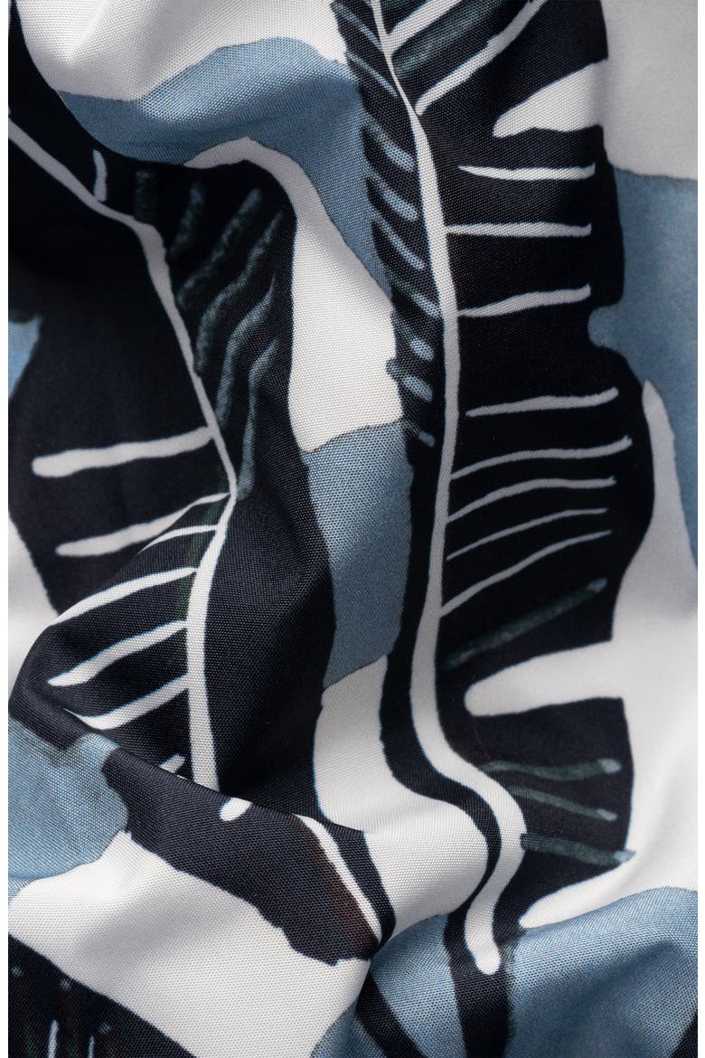 Tropical Leaf Print Swim Trunks, Alternate, color, BLACK