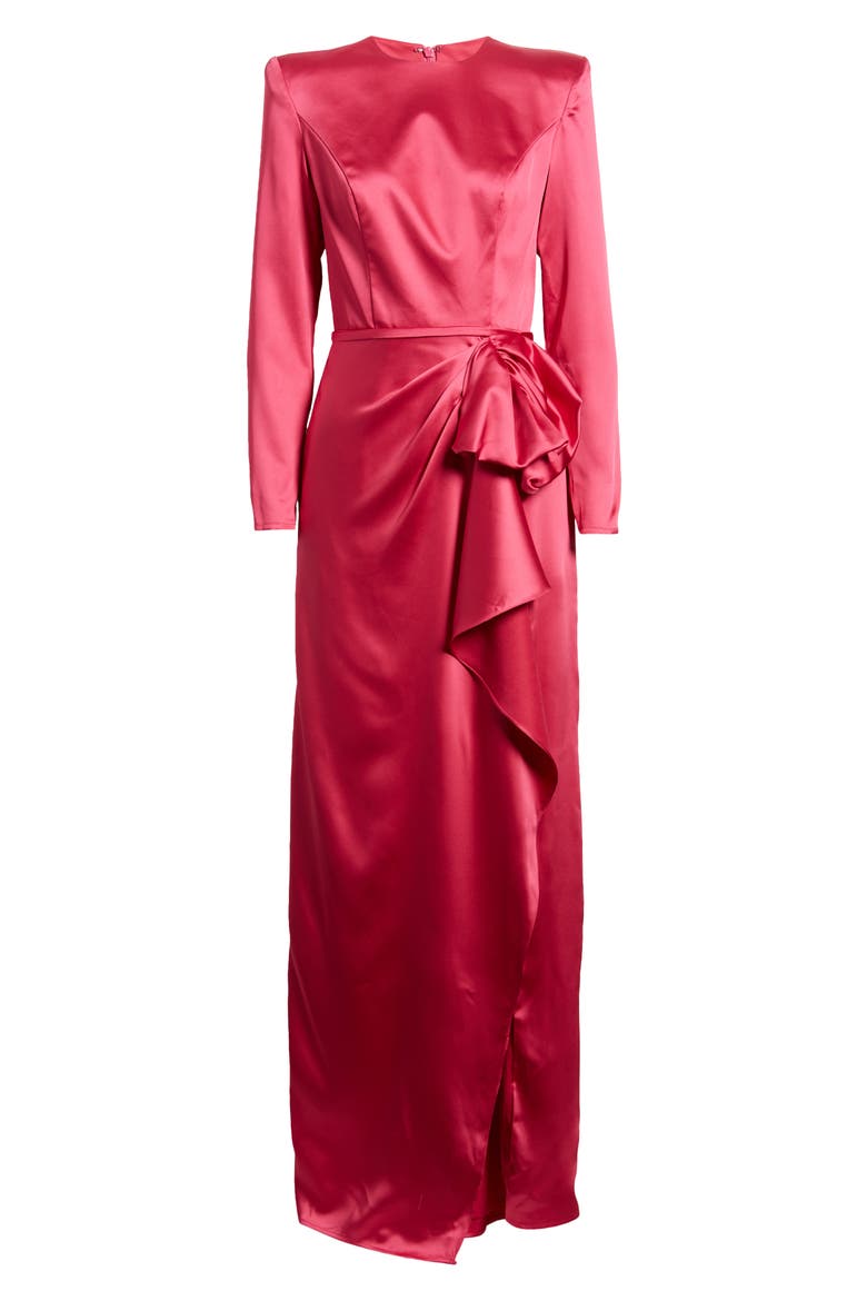 Long Sleeve Structured Bow Draped Column Gown, Alternate, color, MAGENTA