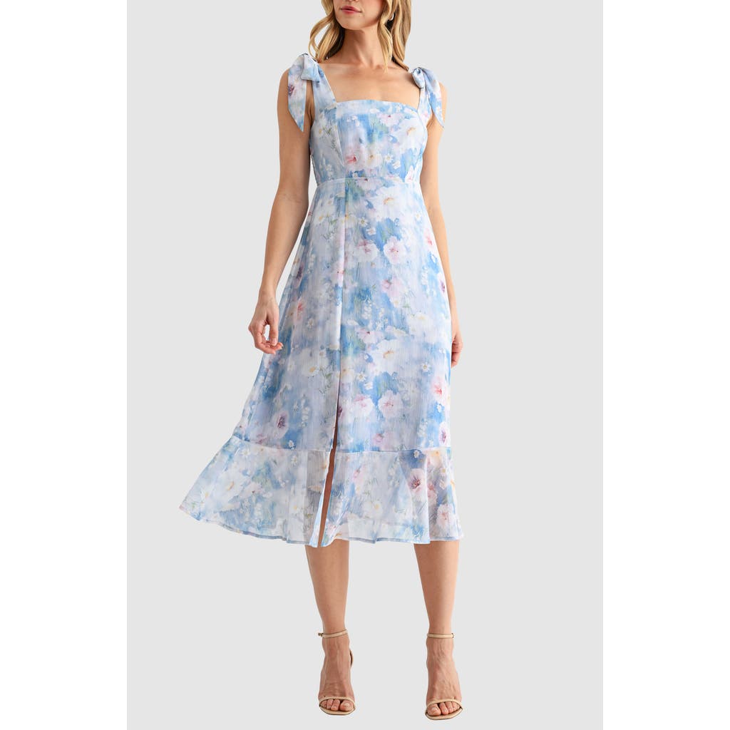 Lush Tie Shoulder Front Slit Midi Dress In Blue