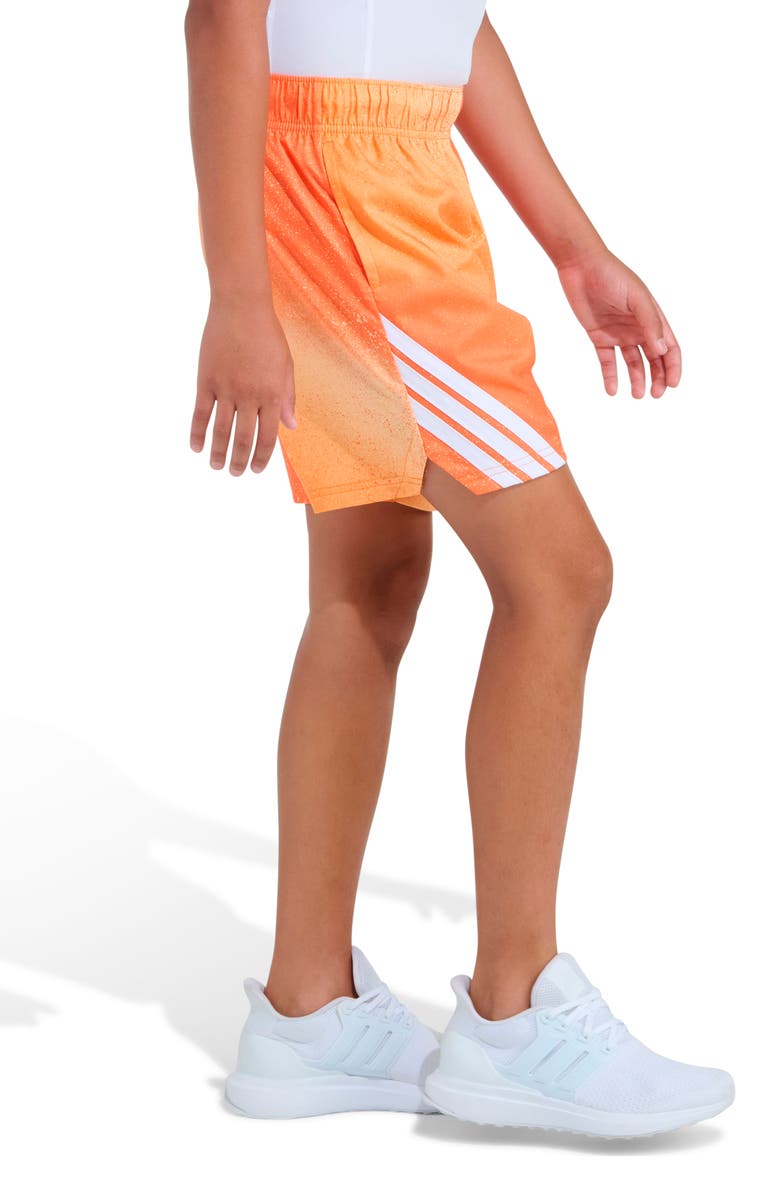 adidas Kids' 3-Stripes Spray Painted Stretch Twill Shorts, Alternate, color, Medium Orange