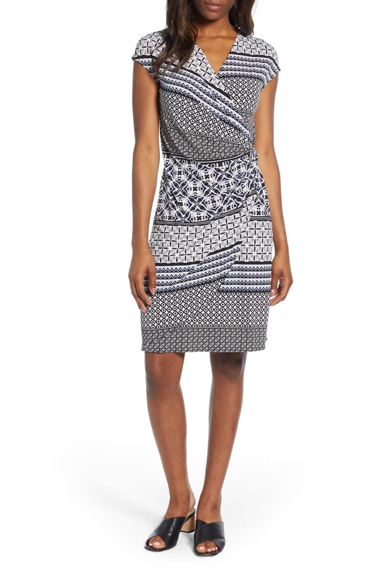 Tropical Terrazza Faux Wrap Dress, Main, color, BLACK