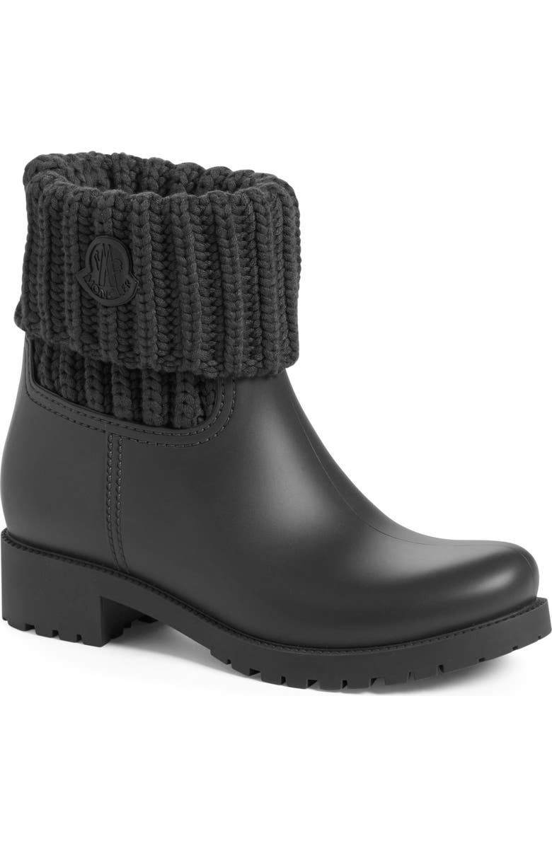 Moncler Ginette Knit Cuff Leather Rain Boot, Main, color,