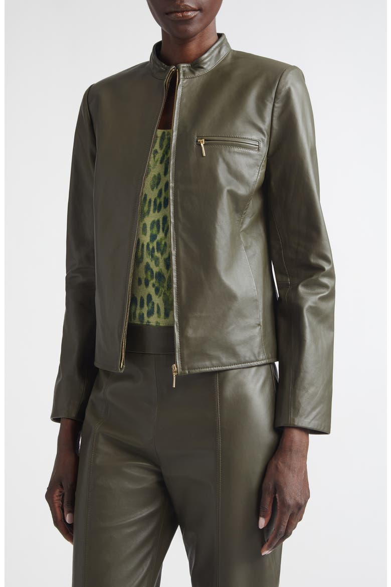 Zip Pocket Leather Jacket, Main, color, OLIVE