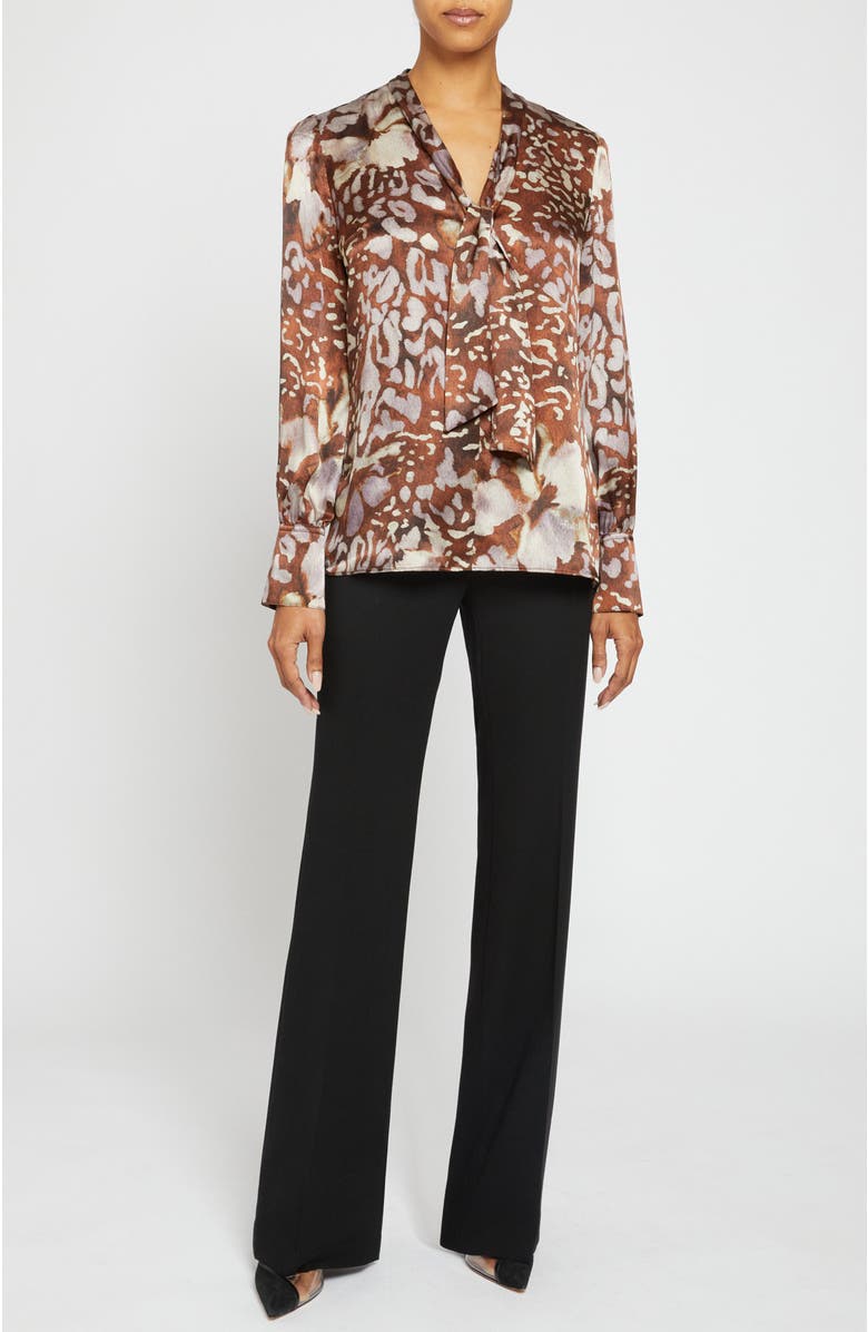 Santorelli FRANCIS Blouse with Neck Tie in Abstract Floral Printed Silk Blend, Alternate, color, Hickory Multi