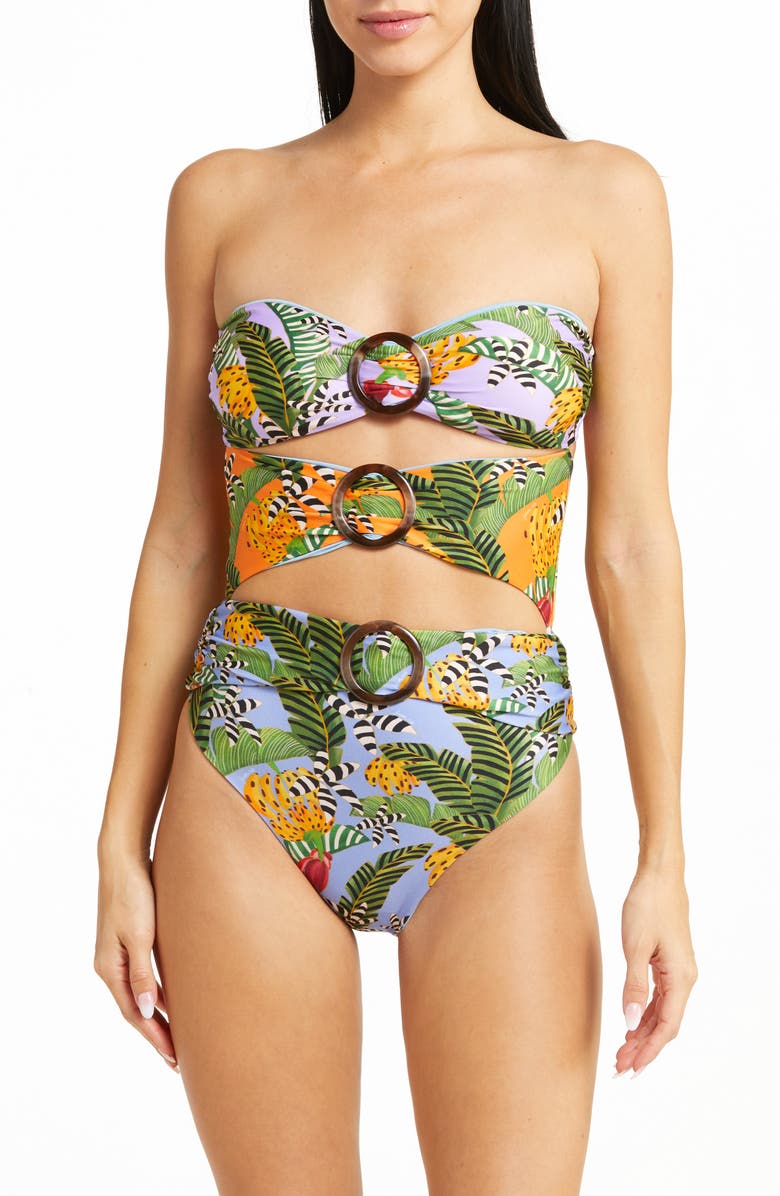 FARM Rio Striped Bananas Strapless Cutout One-Piece Swimsuit, Main, color, 