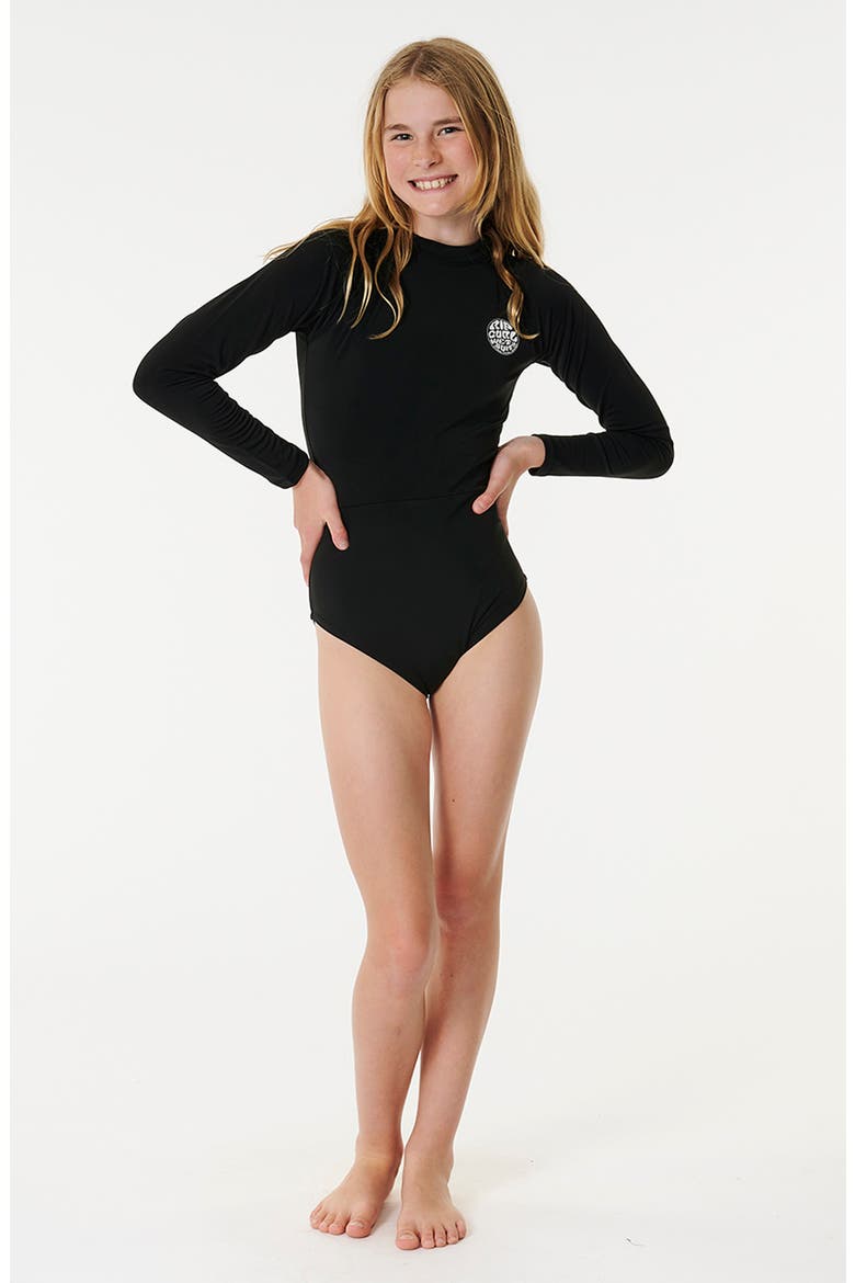 Kids' Icon Long Sleeve One-Piece Rashguard Swimsuit, Alternate, color, BLACK