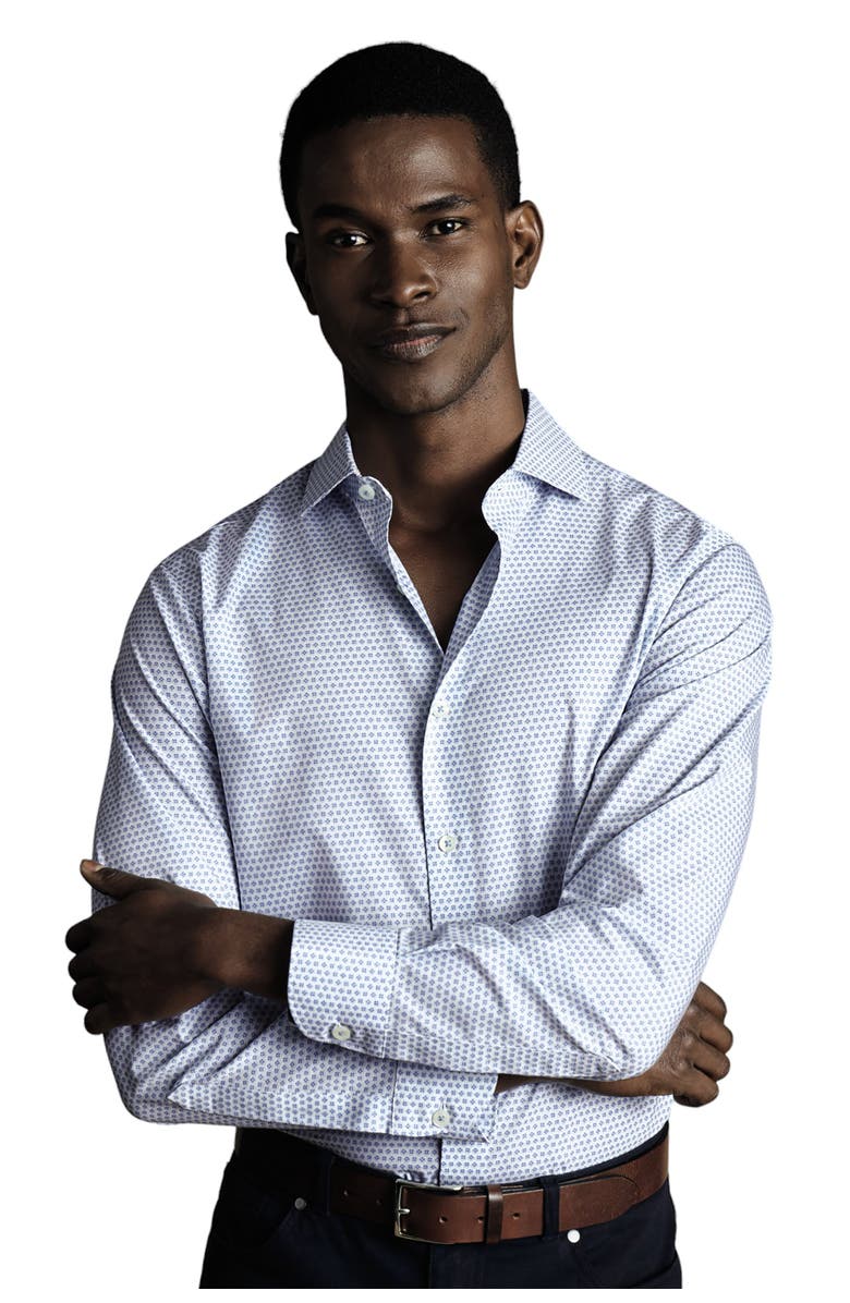 Charles Tyrwhitt Slim Fit Semi-Cutaway Collar Non-Iron Floral Geo Print Shirt, Main, color, Cobalt Blue