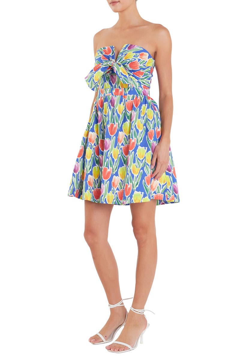 English Factory Floral Tie Front Bustier Strapless Minidress, Alternate, color, Blue Multi