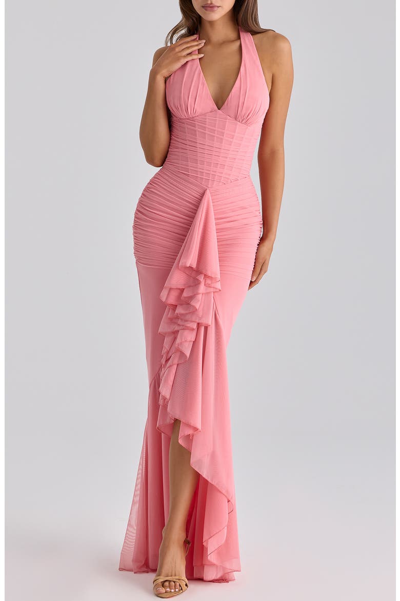 Carmine Mesh Halter Neck Waterfall Gown, Alternate, color, RASPBERRY